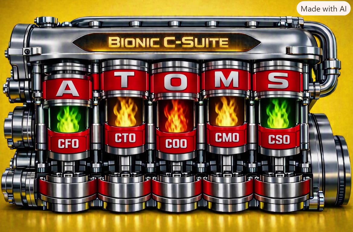 The ATOMS Bionic Business Engine, five cylinders labeled A T O M S, seated by CFO, CTO, COO, CMO and CSO.